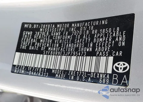 2018 Toyota Corolla Le из США, поврежденный, VIN 5YFBURHE3JP795473